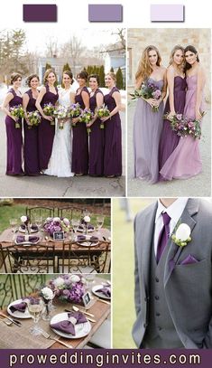 the bridesmaids are wearing purple dresses and gray suits