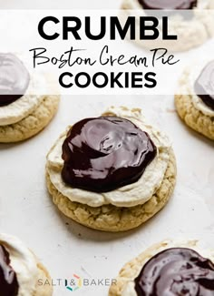 some cookies are covered with chocolate and frosting on a baking sheet in front of the words crumbl boston cream pie cookies