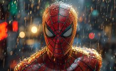 spider - man in the rain with his eyes wide open, looking at the camera