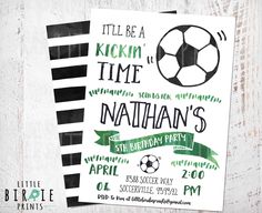 a soccer birthday party with green and black lettering on the front, and an image of a