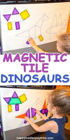 a young boy is making a magnetic tile dinosaur