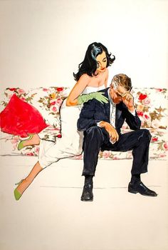 a painting of a man and woman sitting on a couch