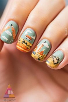 Travel-Inspired Nails - These unique summer nail designs are inspired by travel, featuring playful designs of planes and travel icons. Perfect for jet-setters and adventurers! For more summer nail colors and designs, check out nailhow.com.