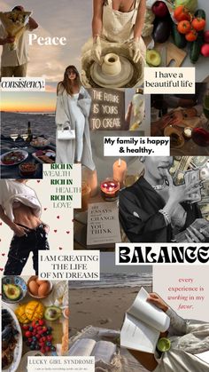 a collage of photos with words and pictures on them, including an image of a woman in a white dress