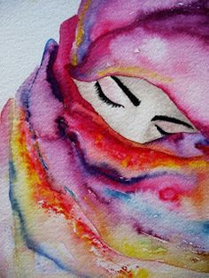 a watercolor painting of a woman's face with her eyes closed and wearing a pink scarf