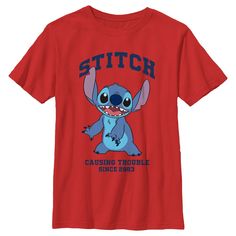 Ohana means family, and family means no tee gets left behind! Find the perfect style with this officially licensed Boys' Disney Lilo & Stitch Causing Trouble Since 2003 Graphic T-Shirt! This design features the adorable Stitch smiling big for everyone to see across the front and his name printed in bold dark blue above him. Celebrate a certain alien, otherwise known as Experiment 626 in style this year with new hilarious apparel from the movie! Character Cotton T-shirt With Crew Neck, Character Crew Neck Cotton Top, Character Style Cotton Short Sleeve Tops, Cotton Character T-shirt With Crew Neck, Character Crew Neck Cotton T-shirt, Character Cotton T-shirt Crew Neck, Disney Pre-shrunk Short Sleeve T-shirt, Disney Short Sleeve Pre-shrunk T-shirt, Short Sleeve T-shirt With Character Print