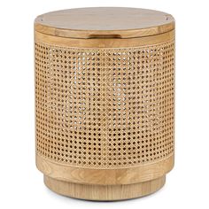 a round wooden table with wicker on the top and bottom, in front of a white background