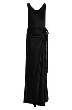 Glossy jersey highlights the dimension in the cowl neck and adjustable side ruching in this figure-hugging maxi dress. 69" length (size 40 FR) Cowl neck Sleeveless 90% viscose, 10% elastane Dry clean Imported Designer Clothing Elegant Ruched Maxi Dress With Cowl Neck, Fitted Evening Maxi Dress With Ruched Sides, Elegant Ruched Cowl Neck Maxi Dress, Formal Fitted Maxi Dress With Cowl Neck, Evening Maxi Dress With Cowl Neck And Ruched Detail, Evening Ruched Maxi Dress With Cowl Neck, Draped Maxi Dress With Ruched Bodice For Dinner, Fitted Draped Maxi Dress With Ruched Sides, Evening Full Length Ruched Maxi Dress