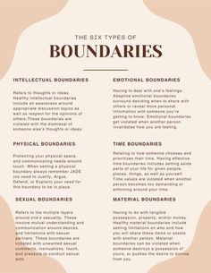 Strengthen your understanding of boundaries through these six more common types of boundaries. Build your knowledge around how to set boundaries, and how these boundaries get violated with helpful examples. Importance Of Boundaries, Emotional Boundaries Examples, Examples Of Boundaries In Relationships, Phone Boundaries, Boundaries Template, How To Set Boundaries, Personal Boundaries Worksheet, Setting Boundaries Worksheet