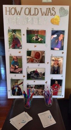 a table topped with pictures and writing on top of a white board that says how old was the bride?