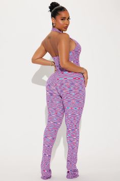 Available In Purple/combo. Sweater Jumpsuit Halter V Neck Backless Straight Leg Stretch Inseam= 34" 82% Rayon 17% Nylon 1% Spandex Imported | Your Type Sweater Jumpsuit in Purple size XS by Fashion Nova Casual Fitted Halter Neck Jumpsuits And Rompers, Multicolor Stretch Bodysuit Casual Style, Casual Multicolor Stretch Bodysuit, Multicolor Stretch Halter Neck Bodysuit, Multicolor Stretch Sleeveless Activewear, Sporty Pink Fitted Jumpsuits And Rompers, Fitted Halter Neck Jumpsuit For Loungewear, Multicolor Sleeveless Stretch Bodysuit, Multicolor Stretch Sleeveless Bodysuit