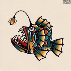 a drawing of a fish with an orange and blue tail on it's head