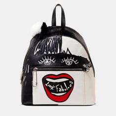 Danielle Nicole Disney Cruella “Look Fabulous!” Backpack Still in Plastic Always look fabulous with this chic and edgy backpack, inspired by the villainous diva, Cruella de Vil. Featuring bold pops of red against a black and white pearlized finished base, the words “Look Fabulous” embroidered between sassy red lips, and a hanging pom pom detail. This backpack also has adjustable straps and a front zipper pocket with a customized pin zipper puller. Bring this bold piece with you wherever you go, Disney Cruella, Danielle Nicole Disney, Mini Mochila, Danielle Nicole, Halloween 2018, Disney Alice, Red Lip, Disney Accessories, Makeup Pouch