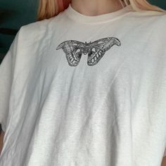 "~Model is 5' 7\" and wearing a size XL ~Color is natural ~100% cotton ~Machine washable ~Used black fabric ink ~Print carved on a 4x6 linoleum block" Moth T Shirt, Hand Printed T-shirt For Summer Streetwear, Summer Streetwear Hand Printed T-shirt, Casual Hand Printed T-shirt For Streetwear, Summer Streetwear Top Hand Printed, Linoprint Shirt, Linoprint Clothes, Moth Shirt, Atlas Moth