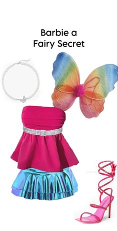 a woman's outfit with butterfly wings and sandals on the bottom, in pink