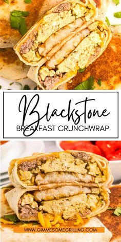 the black stone breakfast crunchwrap is cut in half and stacked on top of each other