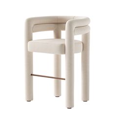 a white chair sitting on top of a white floor next to a wooden stool with two legs