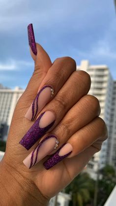 Long Acrylic Nails Dark Purple, Acrylic Nail Designs Coffin Glitter, Acrylic Nails For September 2023, Royal Purple Nails Acrylic Coffin, February Birthstone Nails, Grey And Purple Nails Acrylic, Prom Nails Violet, Fuscia Nails Acrylic, Midnight Purple Nail Designs