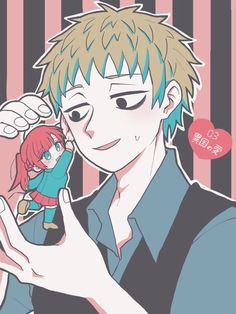 an anime character holding a doll in his hand