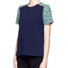 J Crew Blouse Chic Navy Short Sleeve Blouse, Chic Blue Tops For Work, Blue Short Sleeve Blouse For Work, Navy Tops For Office In Spring, Navy Tops For Office Spring Season, Navy Tops For Spring Workwear, Chic Blue Crew Neck Blouse, Green Tweed, Google Shopping