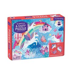 a puzzle box with unicorns and rainbows on it