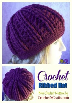 the crochet ribbed hat is shown in purple