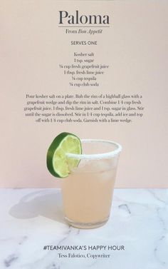 the menu for paloma is displayed on a marble counter top with a lime slice