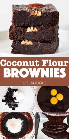 chocolate brownies are stacked on top of each other with the words coconut flour browns above them