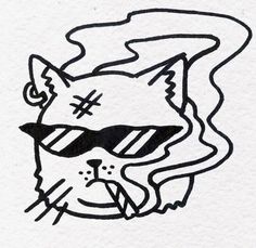 a black and white drawing of a cat wearing sunglasses