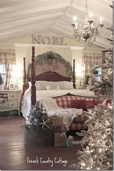 a bedroom decorated for christmas with lots of holiday decor on the walls and flooring