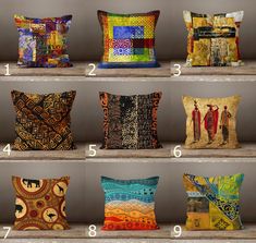 six pillows with different designs on them and numbers in the bottom right corner, along with an image of two men