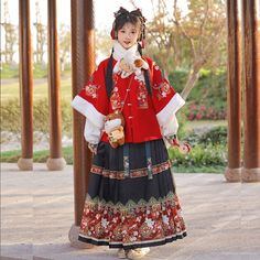 Flower Embroidered Hanfu Costume SetTop Size S M L XL Bust 88 85-95 90-100 98-108 measurement is cm.Product Information Material: 95% Polyester Color: Set Of 4 - Scarf & Jacket & Top & Skirt - Red & Navy Blue Winter Floral Embroidered Long Sleeve Sets, Winter Floral Embroidery Long Sleeve Sets, Traditional Red Costume Outerwear, Red Embroidered Winter Sets, Fairycore Clothes, Fairycore Dress, Dark Academia Clothes, Soft Girl Clothes, Academia Clothes