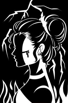 a black and white drawing of a woman's head with hair blowing in the wind