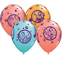 five star wars balloons in various colors and designs, including one with an image of princess lei