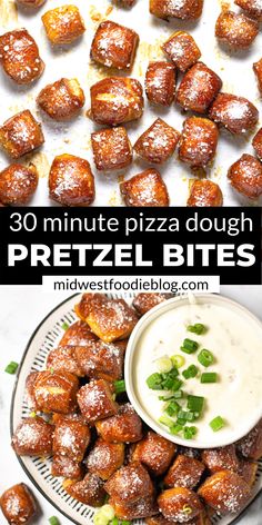 there is a plate full of pretzel bites next to a bowl of ranch dressing