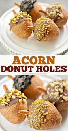 three different views of donuts with sprinkles on them and the words acorn donut holes