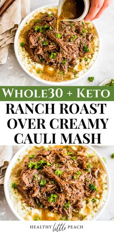 two bowls filled with ranch roast over creamy cauli mash and topped with parsley