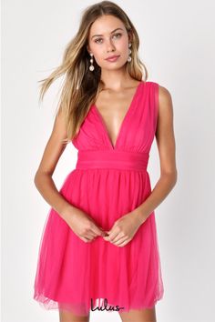 You'll be goddess-like for the entire evening in the Lulus Heavenly Hues Hot Pink Tulle Sleeveless Mini Dress! Sheer tulle fabric (atop a matching knit liner) drapes alongside a V-neck and back, and lays across a banded waist. The twirl-worthy skirt boasts a skater-style silhouette and ends at a flirty mini hem. Hidden back zipper with clasp. Fit: This garment fits true to size. Length: Mid-thigh. Size medium measures 34" from shoulder to hem. Bust: Great for any cup size. Waist: Fitted - very f Hoco Dresses Modest, Hot Pink Tulle Dress, Bat Mitzvah Dresses, Hot Pink Mini Dress, Pink Tulle Dress, Mini Dress Hot, Tulle Mini Dress, Pink Homecoming Dress, Lulu Fashion