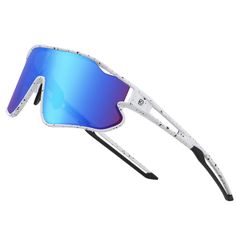 a pair of white sunglasses with blue mirrored lenses on the top and bottom half of it