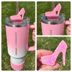 pink glitter high heeled coffee cup with lid and straw in the shape of a shoe