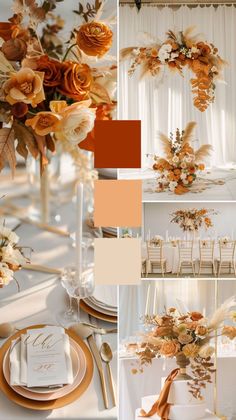 a collage of photos with flowers and gold accents in shades of orange, brown, yellow and white