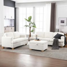 a living room filled with white furniture and a plant in the middle of the room