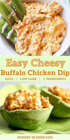 an easy cheesy buffalo chicken dip recipe with green beans and celery