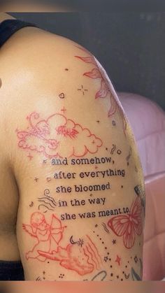 the back of a woman's shoulder with tattoos on it and an image of winnie pooh