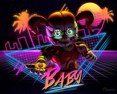 an image of a cartoon character with neon lights and palm trees in the back ground