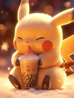 a pikachu holding a drink in it's hand