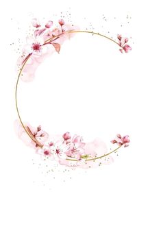 a circle frame with pink flowers and gold trimmings on white background, watercolor painting