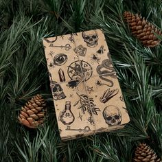 a gift wrapped in brown paper sitting on top of pine branches with skulls and other items