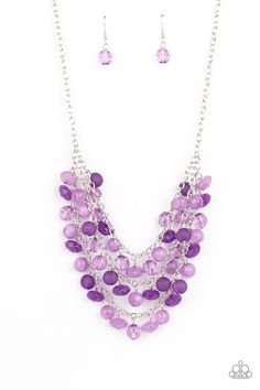 Varying in shape and opacity, a mismatched collection of light and dark purple crystal-like beads drip from the shimmery silver chains, creating an enchanted layered fringe below the collar. Features an adjustable clasp closure. Sold as one individual necklace. Includes one pair of matching earrings. Purple Necklaces, Layered Fringe, Rose Gold Frame, Color Violeta, Purple Necklace, Silver Frames, Silver Chains, Purple Crystal, Jewelry Images