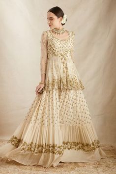 Off white peplum jacket with floral embroidery in sequin, cutdana and nakshi. Paired with an  embroidered sharara, blouse and a dupatta. - Aza Fashions Astha Narang, White Sharara, Wedding Sharara, Sharara Designs, Best Designer Dresses, Partywear Dresses, White Kurta, Sharara Suit, White Peplum